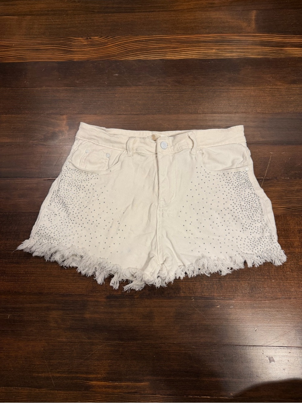 White Studded Frayed Hem Denim Shorts - Women's